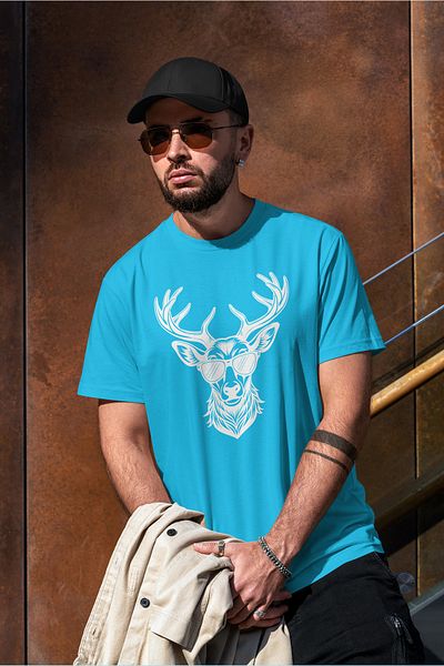 VERSCOVE Tricou unisex cu imprimeu cerb cu ochelari de culoare albastră