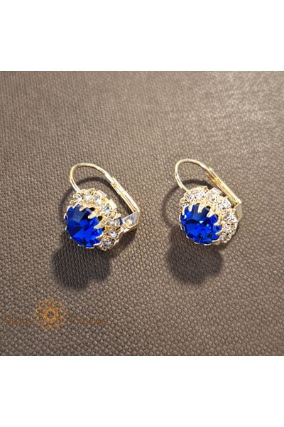 saratremo Classic Gold-Plated Earrings – Large Flower with Indigo Zirconia Crystal
