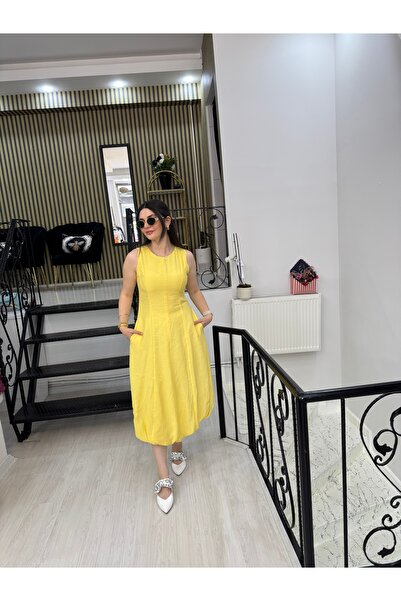 Butik Sarı astarlı balon elbise uzun keten poplin kumaş sıfır kollu