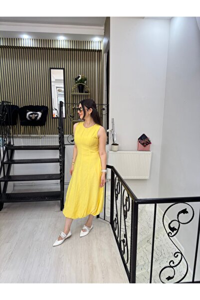 Butik Sarı astarlı balon elbise uzun keten poplin kumaş sıfır kollu