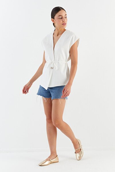Shopping Shop Linen Vest Blouse with Tie Front Ecru