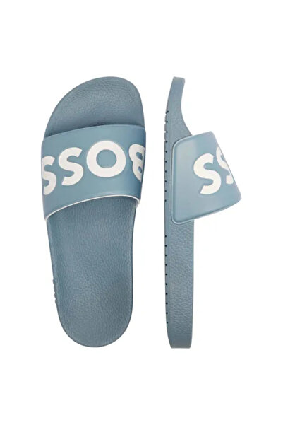 BOSS Erkek Büyük Logo Detaylı Üst Yüzey Rahat ve Düz Tabanlı Mavi Terlik 50536835-483