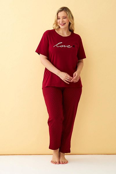 Akbeniz Women's Burgundy Love Written Large Size Pajama Set