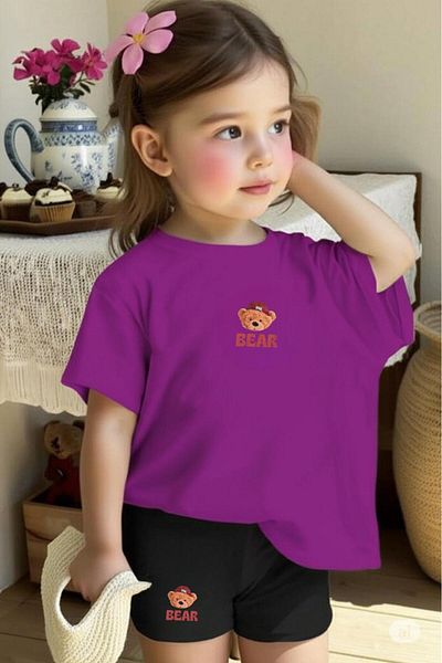 NO 601 Girl's Purple Bear Printed Tshirt Shorts Bottom-Top Set for Ages 5-6 / 11-12