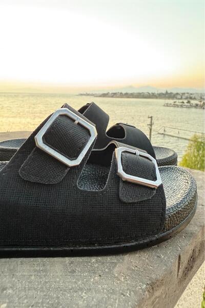 Melissa Boutique Women's Black Sparkle Glitter Sun Shining Fabric Orthopedic Sole Buckle Detailed Strappy Summer Slippers