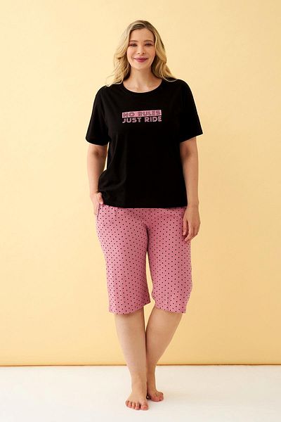 Akbeniz Women's Black "No Rules Just Ride" Written Large Size Capri Pajamas Set