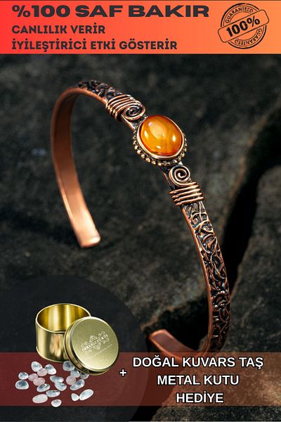OSMANLI GÜMÜŞ Copper Handcuff Bracelet with Yellow Agate Natural Stone Men Women Quartz Stone and Metal Box