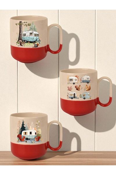 lili hediyelik Squirrel and Caravan Printed Red Base 3-Piece Mug - Home Kitchen Office Workplace Gift Item