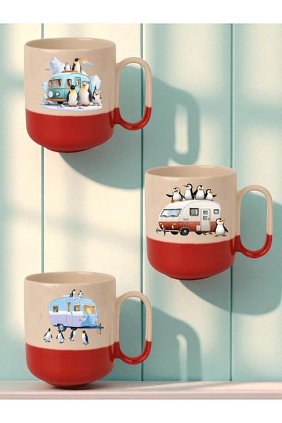 lili hediyelik Penguin and Caravan Printed Red Base 3-Piece Mug - Home Kitchen Office Workplace Gift Item