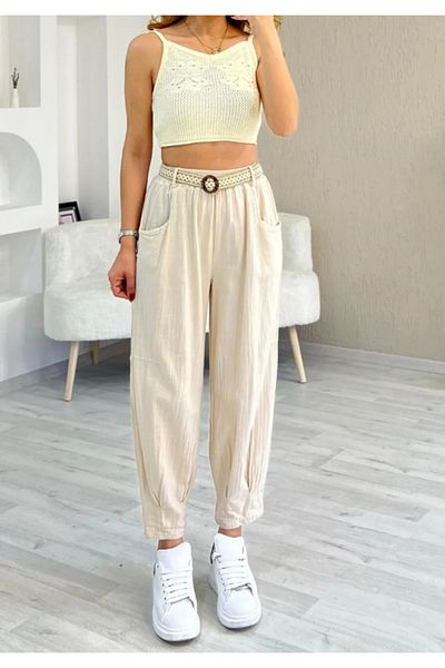 Rosidam Leg Clamp Detailed Elastic Waist Belted Linen Trousers