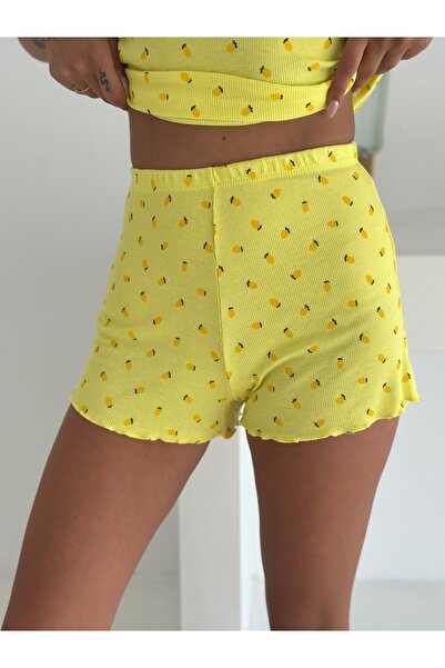 LETS BASIC Limonlu Sarı Kısa Kollu Şortlu Pijama Takımı