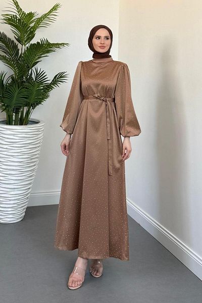 MERVEN AKYÜZ Milano Stone Balloon Sleeve Evening Dress Mink