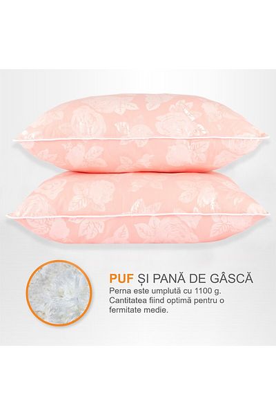 Pernador Set of 2 goose down and feather pillows, 50x70 cm, Pink with silver roses