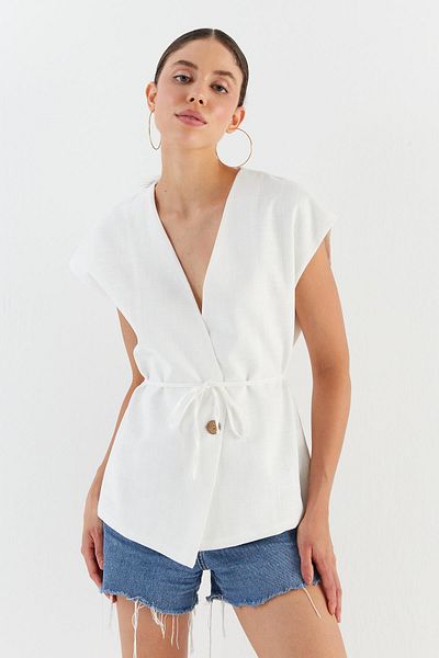 Shopping Shop Linen Vest Blouse with Tie Front Ecru