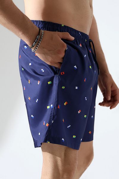 ZEND POLO Navy Blue Flag Patterned Swim Shorts