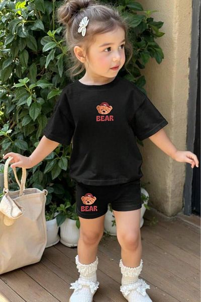 NO 601 Girl's Black Bear Printed Tshirt Shorts Bottom-Top Set for Ages 5-6 / 11-12