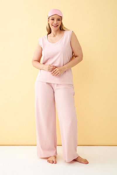 Akbeniz Women's Pink Plus Size Combed Cotton Bottom Top Set