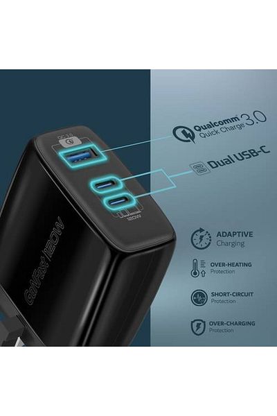 Promate Ultra-compact 120W wall charger with two Type-C™ ports and an 18W QC 3.0 port,