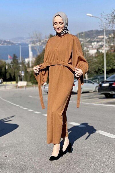 End Fashionable Stripe Waist-Tie Dress Brown