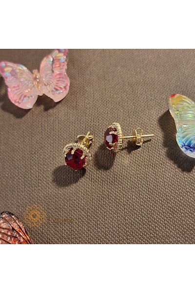 saratremo Classic Gold-Plated Earrings – Elegant Flower Design with Red Zirconia Stone