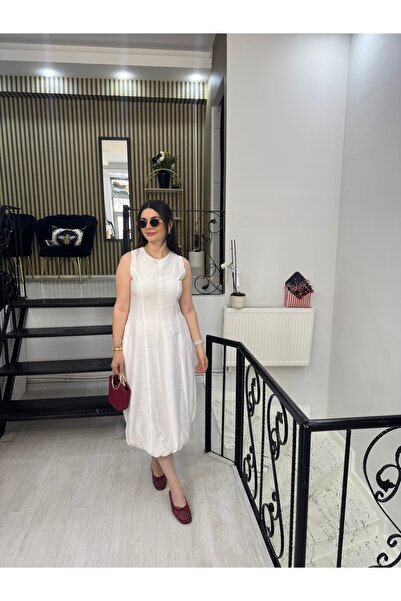 Butik Beyaz balon elbise astarlı sıfır kollu