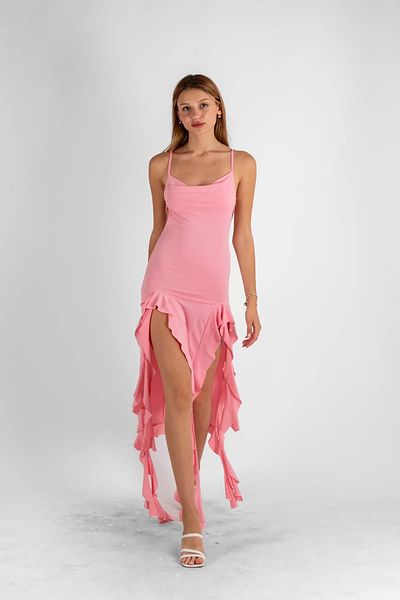 Bak Moda Degaje Collar Midi Length Ruffled Pink Dress