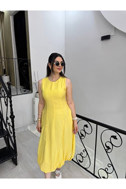 Butik Sarı astarlı balon elbise uzun keten poplin kumaş sıfır kollu