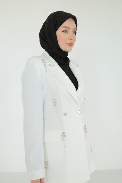 Armine TREND Ceket ve Pantolonlu Taş Detaylı İkili Takım-Ekru 25YT629