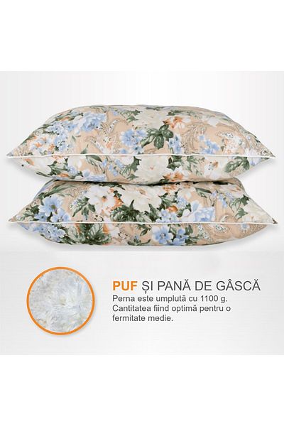 Pernador Set of 2 goose down and feather pillows, 50x70 cm, Blue Flowers