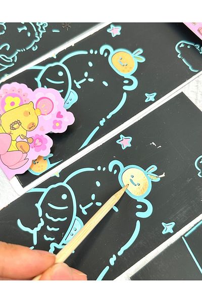 ZeCo Collection Kapibala Rainbow Character Magic Black Scratch Notebook 4 Sheets Scratch Painting Pink