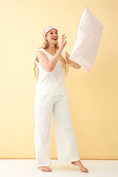 Akbeniz Women's Ecru Linen Jacquard Plus Size Bottom Top Set