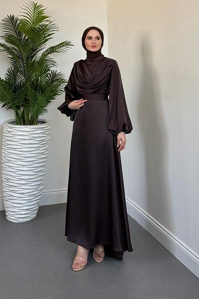 MERVEN AKYÜZ Oriana Degaje Collar Tail Evening Dress Brown
