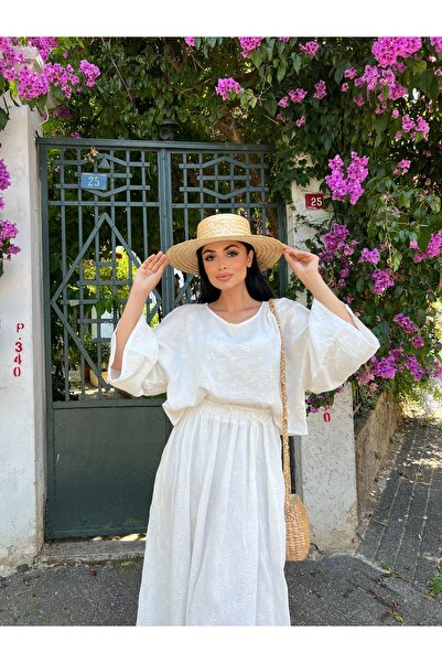 KÜÇÜĞÜM BUTİK Muslin White Embroidered Loose Blouse and Flared Skirt Set (Embroidered 2-Piece Set)