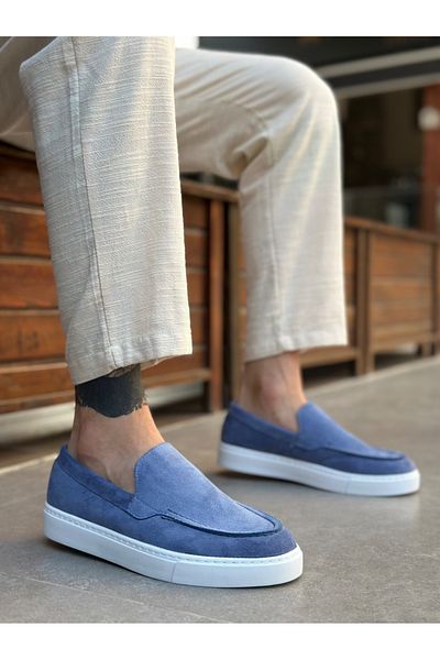 pabucmarketi Laceless Men's Casual Shoes Blue Suede (White Sole)