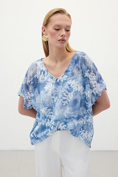 Sateen Nakışlı Kısa Kol Bluz - İndigo