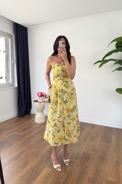 BİRCANÇİL Julia Yellow Floral Patterned Button Detailed Bustier Skirt Suit