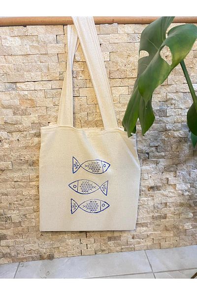 GİFTORA Raw Cloth Bag Local Wooden Fish Print 35/40 Shoulder Bag