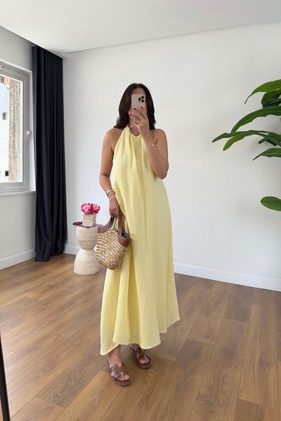 BİRCANÇİL Beysa Yellow Buttoned Neckline Lined Muslin Dress