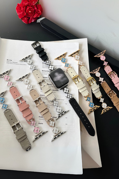 PSGT Apple Watch Seri 1-9 (38-40-41) ve S10-11-42mm Uyumlu Lüks Kordon Metal Derili 4Yaprak