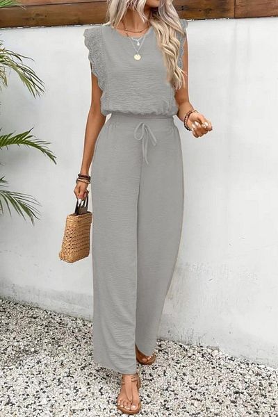 Mossta Lace Sleeveless Blouse and Wide Leg Pants Two-Piece Set - Beige