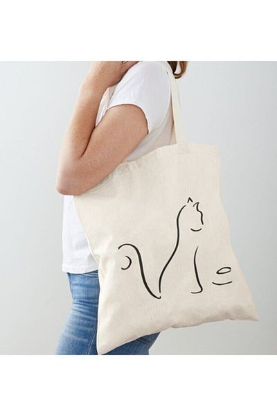 GİFTORA Cat Minimalism Printed Raw Cloth Shoulder