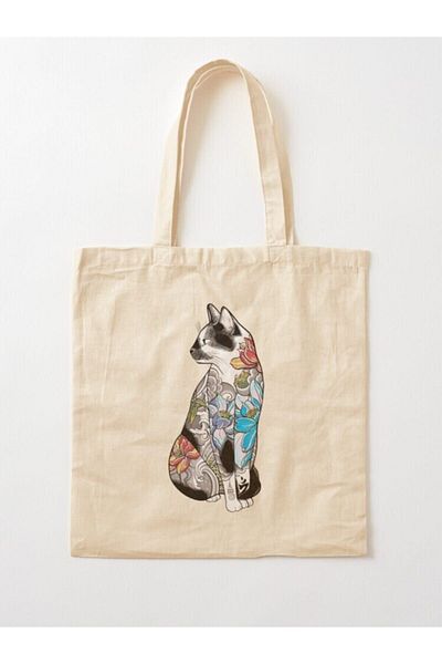 GİFTORA Cat & Lotus Flower Printed Raw Cloth Bag