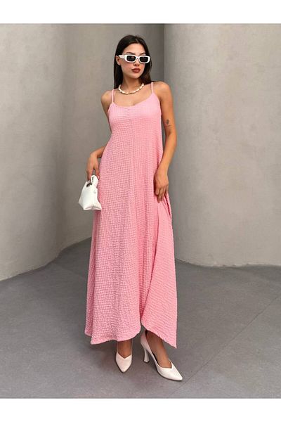 asalya Women's Pink Adjustable Strap Seersucker Summer Dress