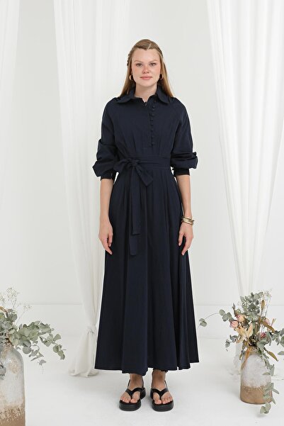 Loreen Women's Belted Button Detailed Judge Collar Dress - 20688Elb - Navy Blue