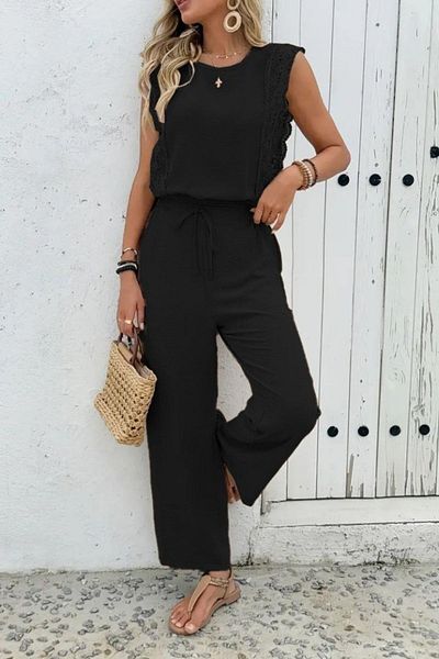 Mossta Lace Sleeveless Blouse and Wide Leg Pants Two Piece Set - Black