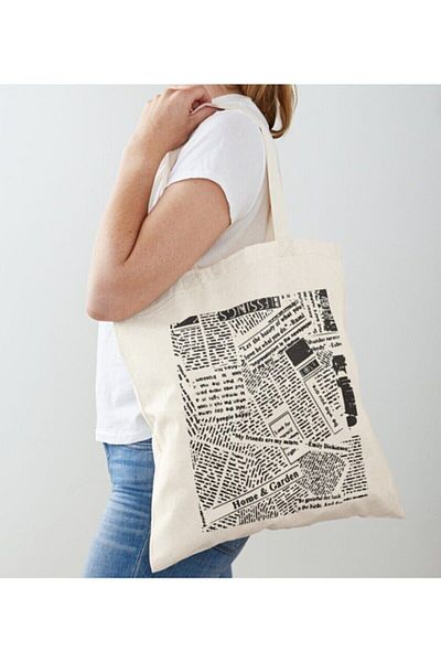GİFTORA Newspaper Text Printed Raw Cloth Shoulder