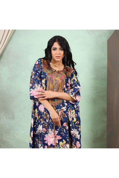 Lyaly aljlabyh Egyptian cotton summer jalabiya with a colorful floral print and luxurious embroidery on the chest, for a fresh and comfortable look.