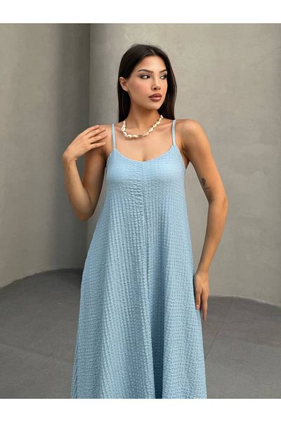 asalya Women's Blue Adjustable Strap Seersucker Summer Dress