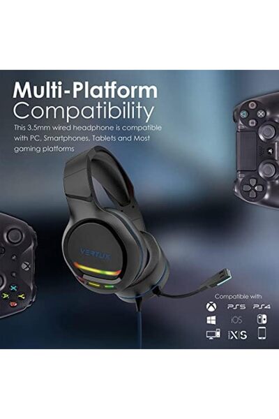 VERTUX Gaming Headphone with Mic, Ergonomic Noise Isolating Amplified Headset with In-Line Controls,