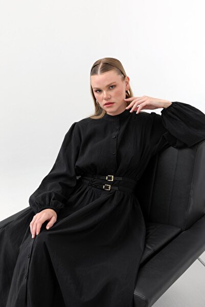 Loreen Γυναικείο φόρεμα με διπλή ζώνη και γιακά δικαστή - 20658ELB - Μαύρο